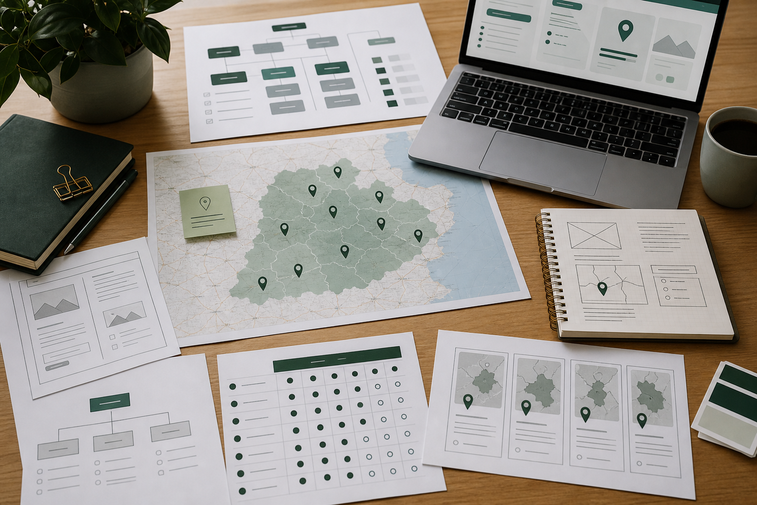 A desk with UK map planning, local SEO page wireframes, and service-area strategy documents